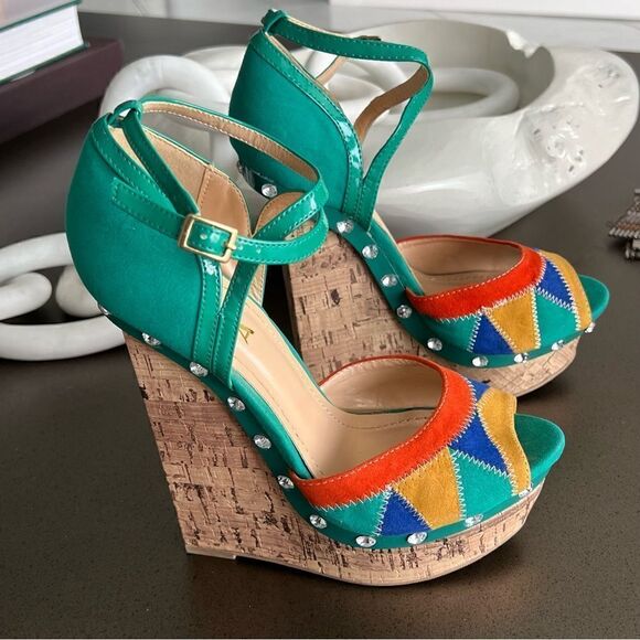 ALBA Peep Toe Platform Multicolor Patche Design Stitch Front Ankle Belt Size 7.5 - Picture 4 of 10